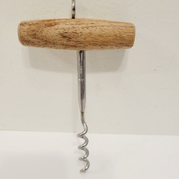 Vtg Wine Bottle Opener Steel Corkscrew Opener Wooden Handle Made in Japan - Picture 2 of 4